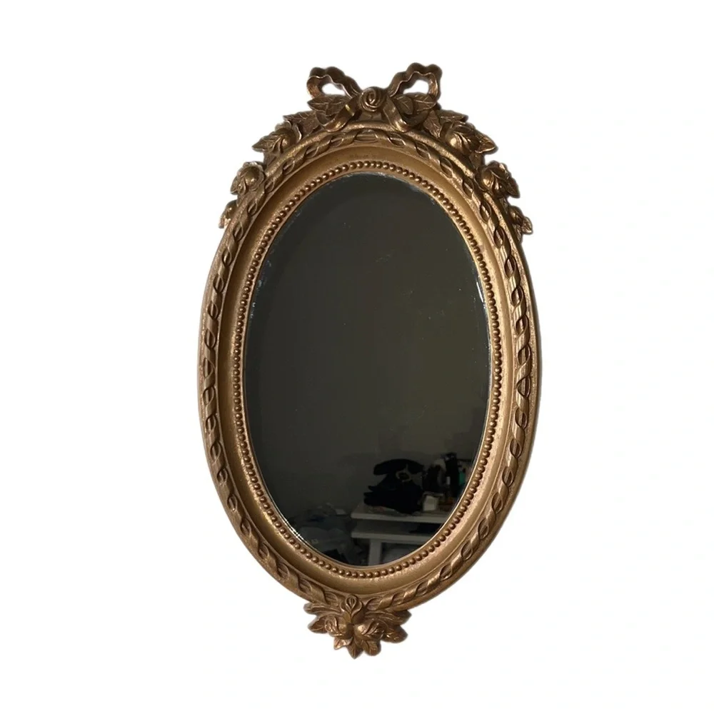 Vintage Home Interiors Bronze Tone Victorian Oval Wall Mirror Ribbons Rosebuds